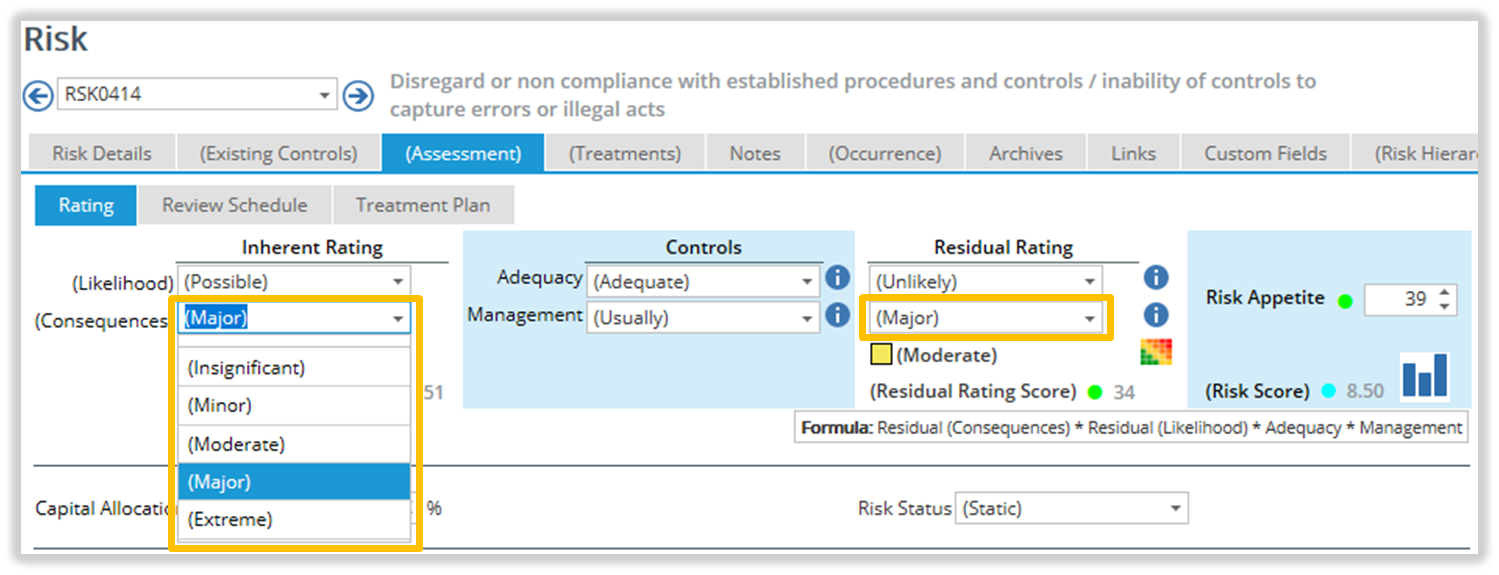 '(Consequences)' options on the Risk Assessment Page