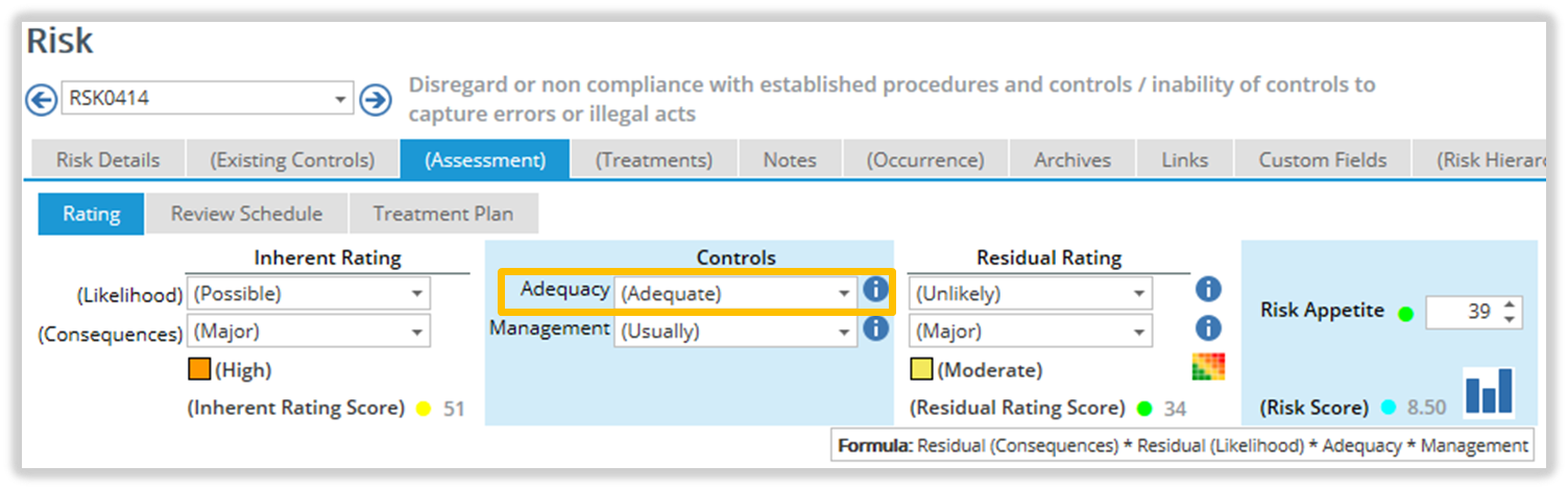 Adequacy Rating on the 'Risk Assessment' Page