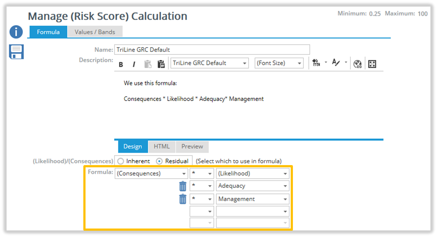 Formula section of the 'Manage Risk Score Calculation' Page