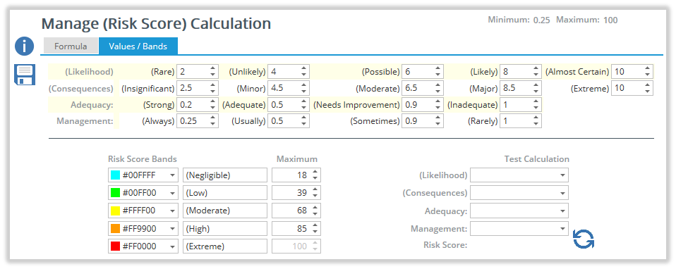 The 'Values / Bands' tab