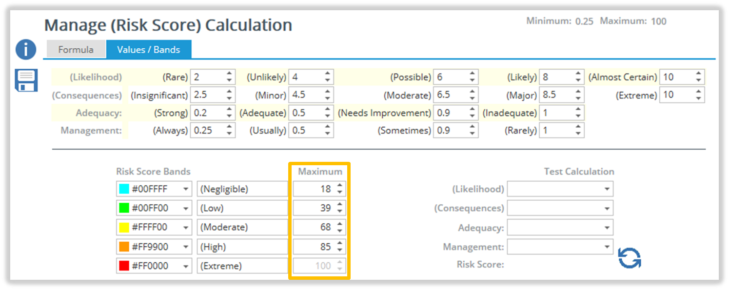 The 'Values / Bands' tab