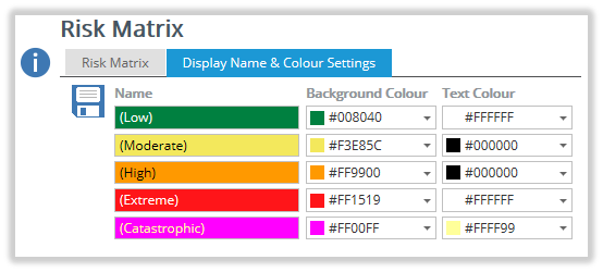 The Risk Matrix 'Display Names & Colour Settings' tab