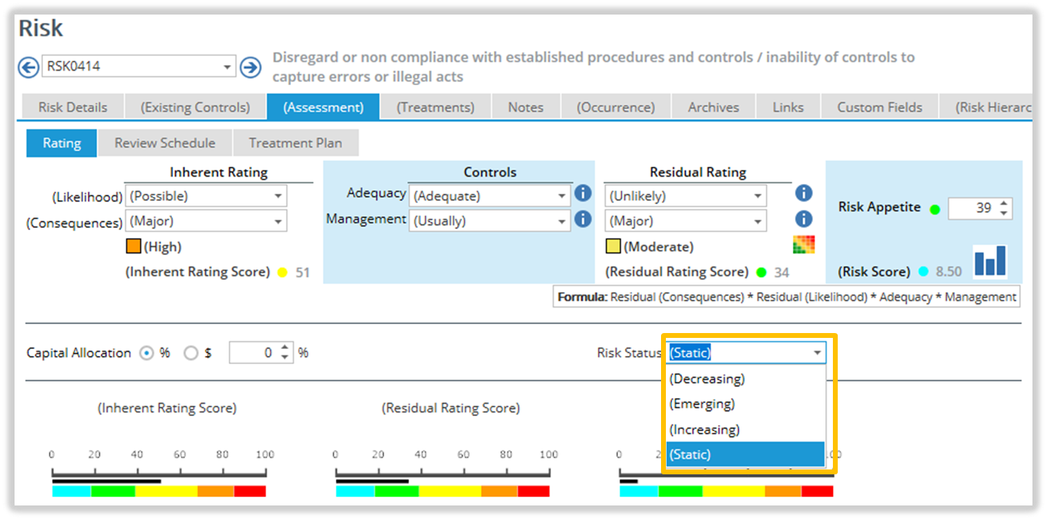 'Status' field in the Risk Assessment Page