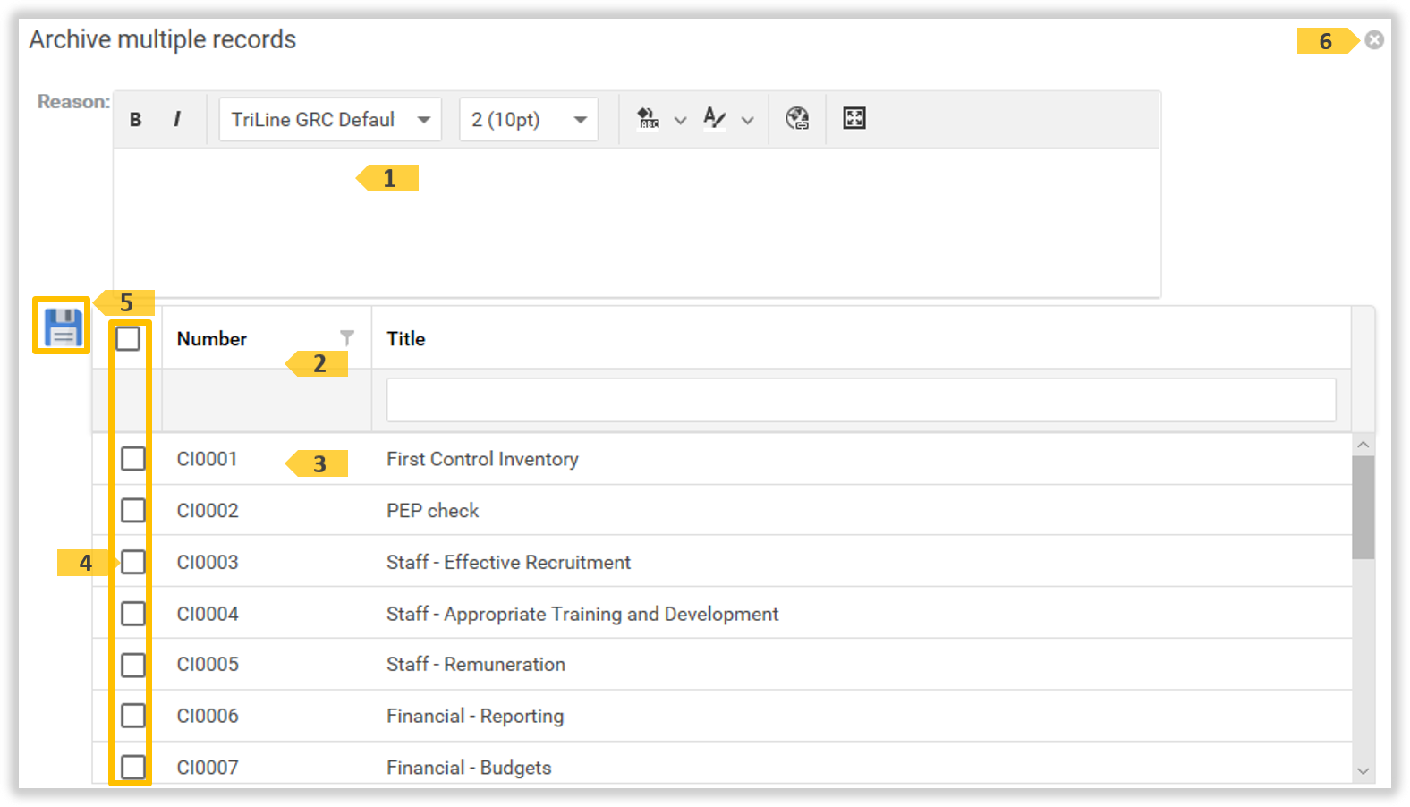 The 'Archive multiply records' window